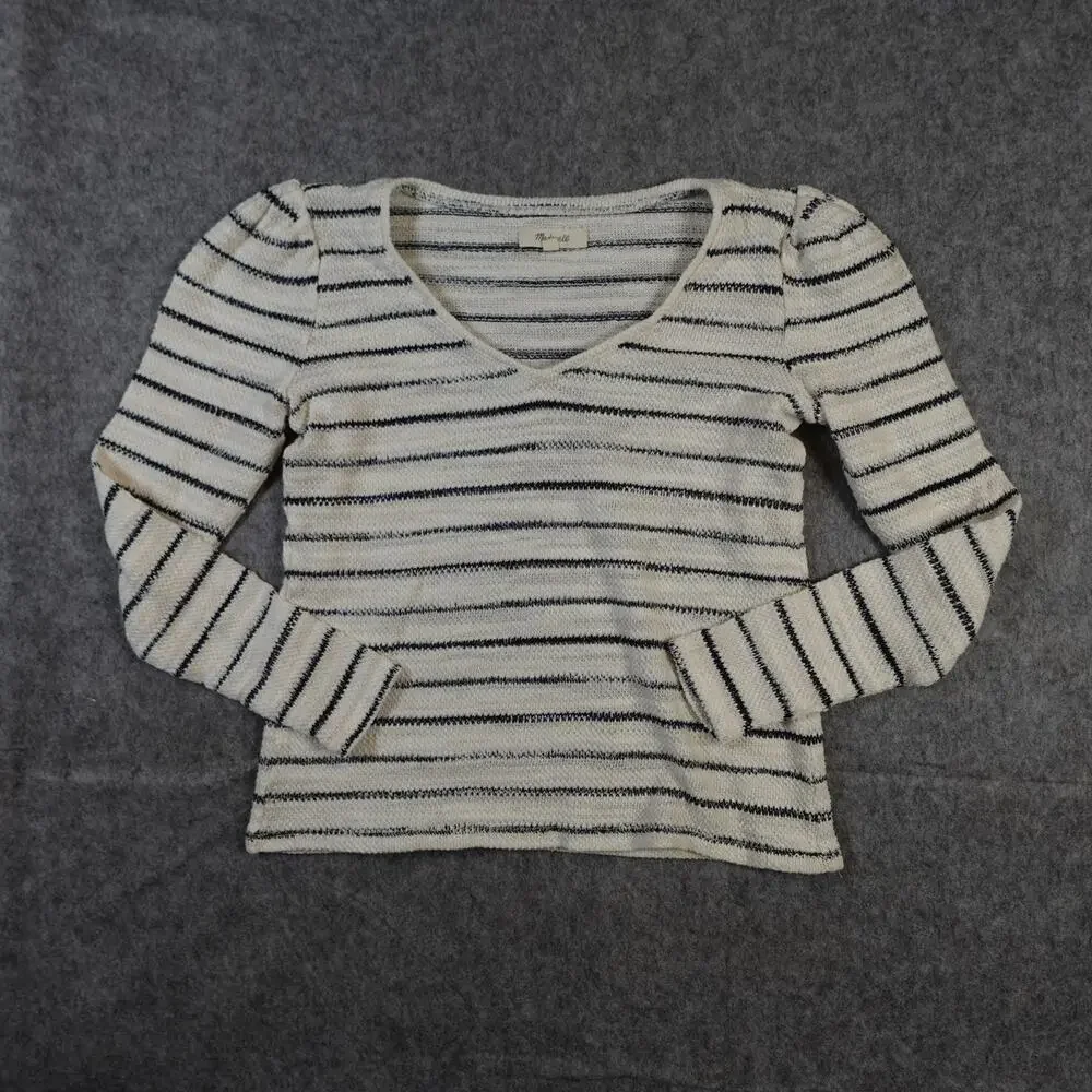 Madewell Top Womens Extra Small Puff Sleeve V-Neck Striped Knit White Blue‎